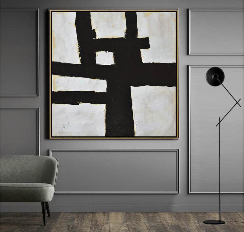 Hand Made Abstract Art,Handmade Minimal Art Palette Knife Canvas Painting, Black White Beige - Abstract Art On Canvas, Modern Art